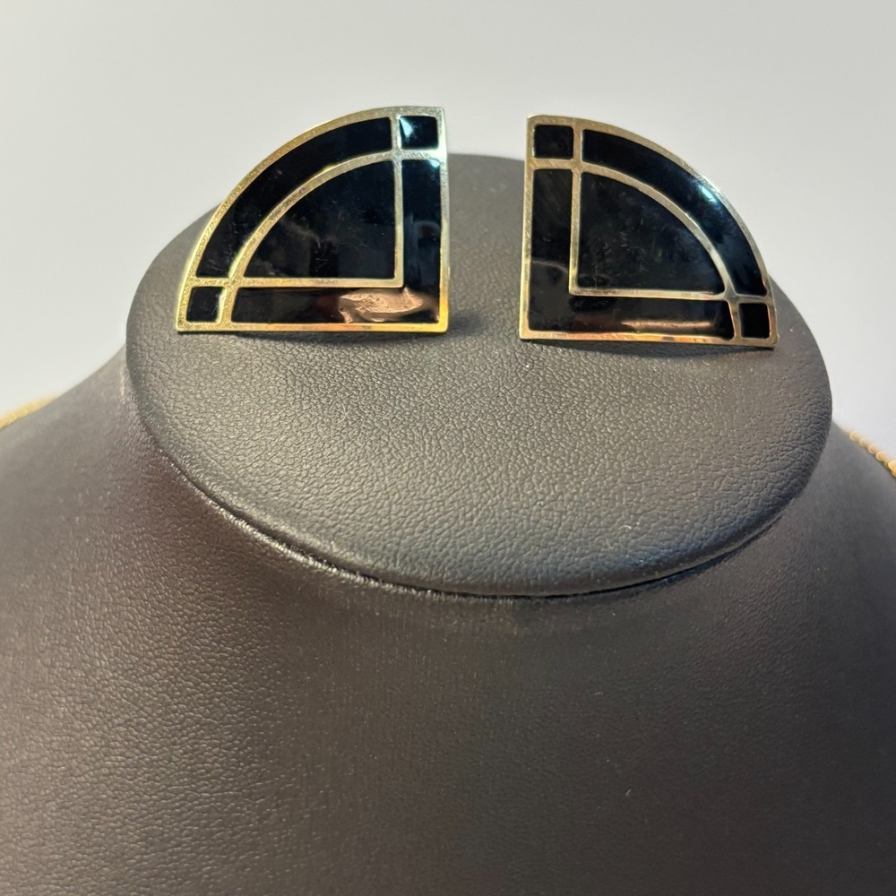 Vintage Necklace and Clip-On Earring Set Red Black Enamel Geometric Art Deco 90s - Picture 5 of 11